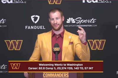 Carson Wentz showed up to his first Washington Commanders press conference dressed like Ronald McDonald’s sketchy accountant